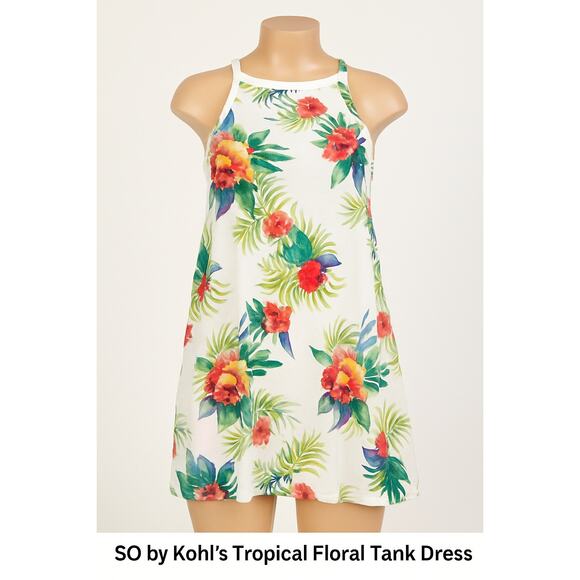 SO by Kohl’s Tropical Floral Tank Dress Size XL White Sleeveless Sundress Rayon - Picture 1 of 7